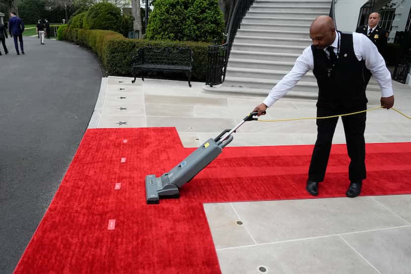A Red Carpet is prepared for the State Arrival Ceremony President Joe Biden and first lady...