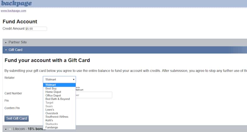 A screen shot of Backpage.com from this month shows a list of retailers whose gift cards the...