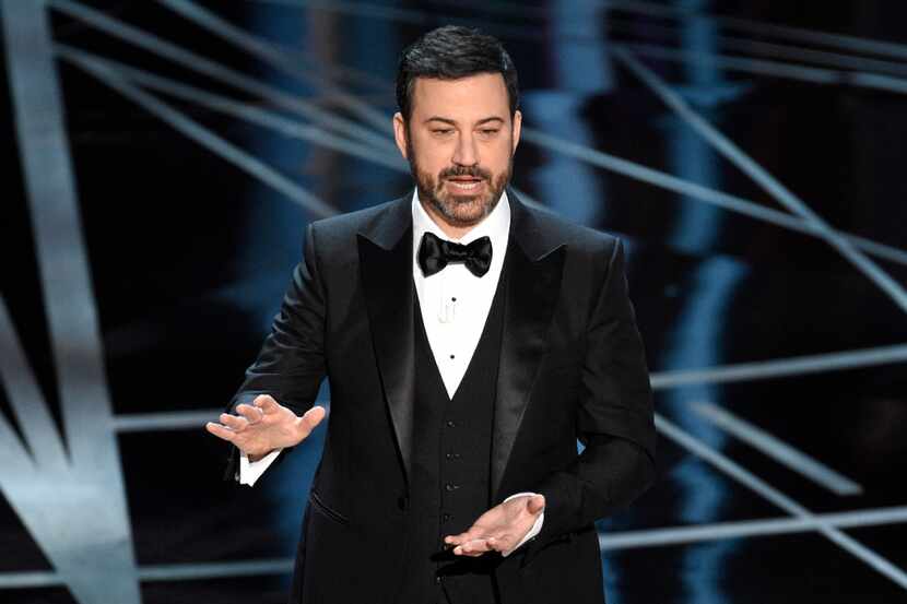 Host Jimmy Kimmel speaks at the Oscars on Sunday, Feb. 26, 2017, at the Dolby Theatre in Los...