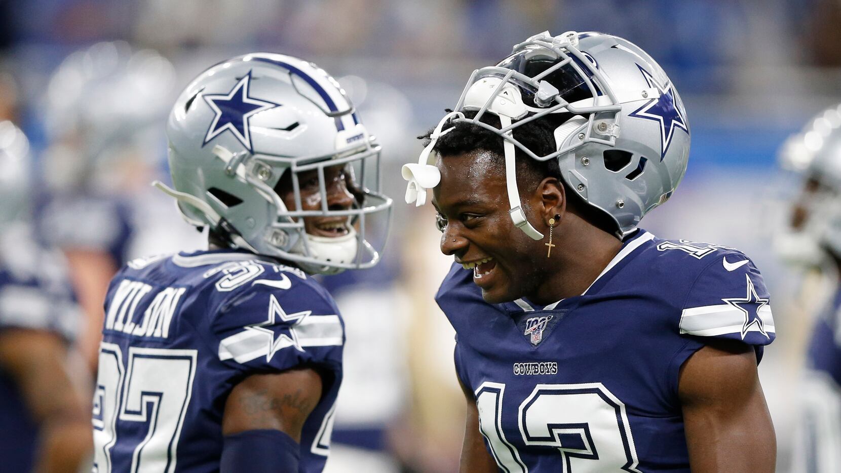 Dallas Cowboys wide receiver Michael Gallup (13) shares a laugh with Dallas Cowboys...
