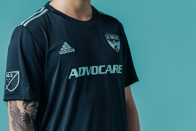 Close up of the sponsor and badge on the 2019 FC Dallas adidas Parley jersey.