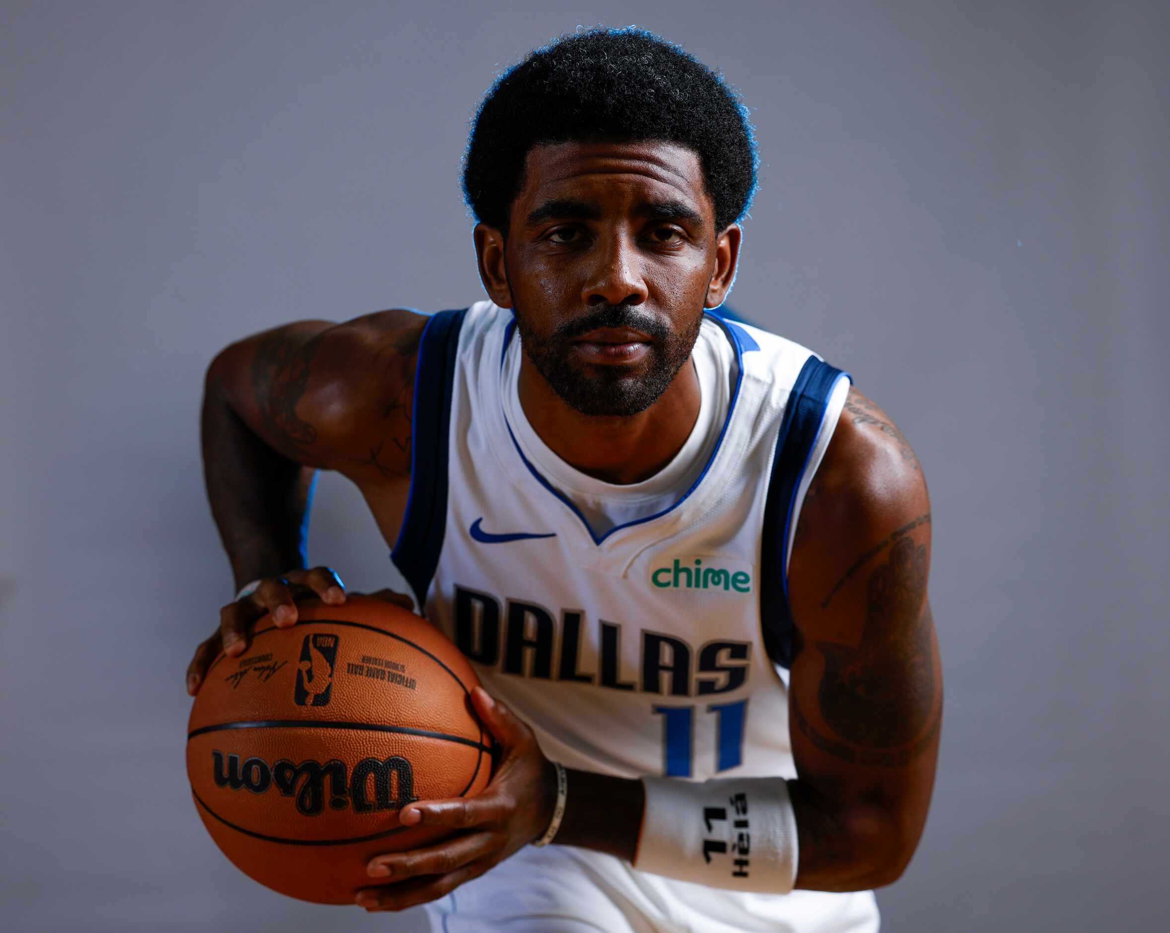 Dallas Mavericks’ Kyrie Irving poses for a photo during the media day on Friday, Sept. 29,...