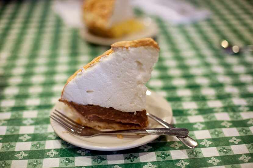 Piece of chocolate meringue pie at Clark's Outpost, Hwy. 377, Tioga, during the North Texas...