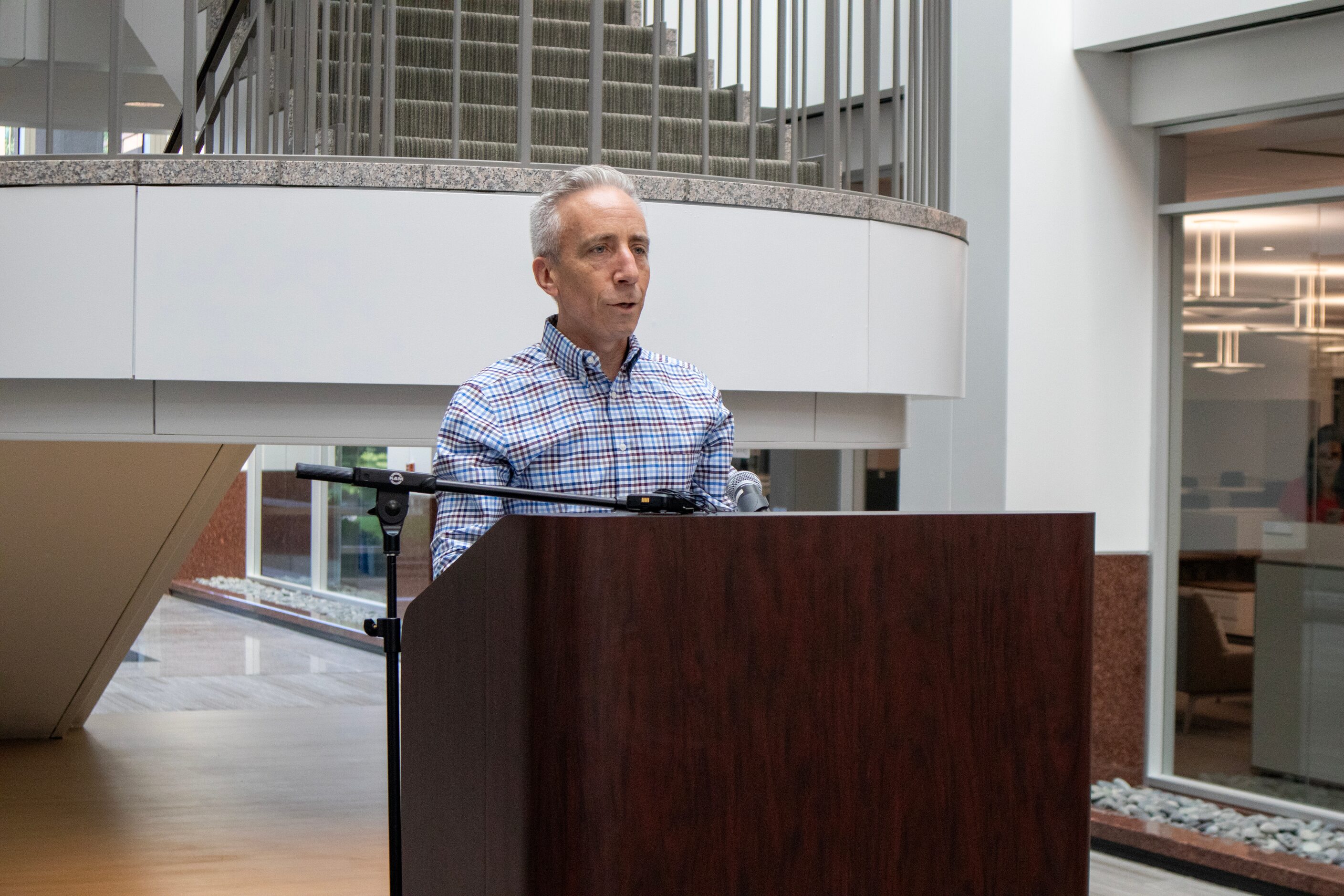 JCPenney CEO Marc Rosen addresses the gathered group before a ribbon cutting marking the...