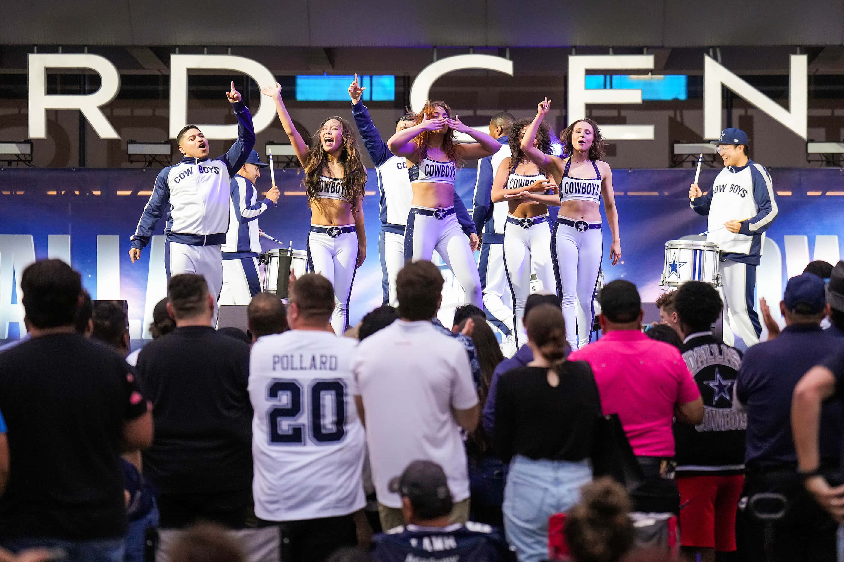 The Dallas Cowboys Rhythm & Blue dance team performs during a draft party for the first...