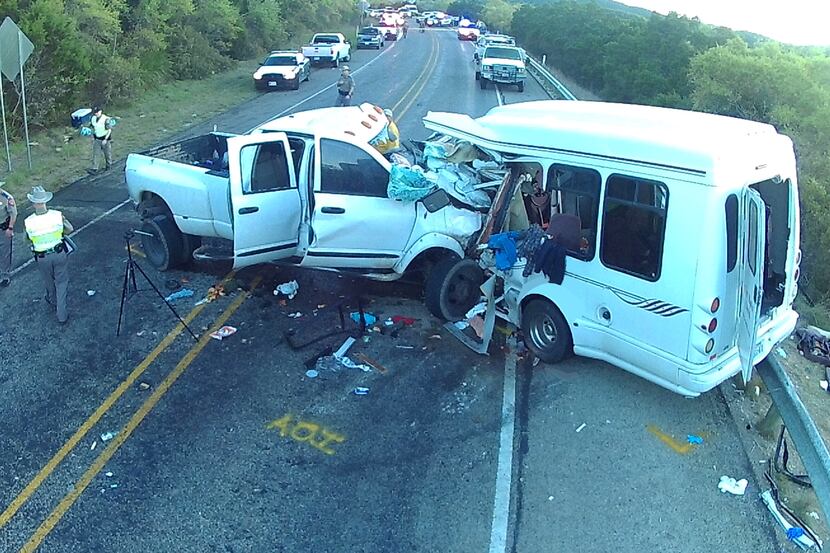 A view of the accident involving Jack Dillon Young's pickup and a bus carrying members of...