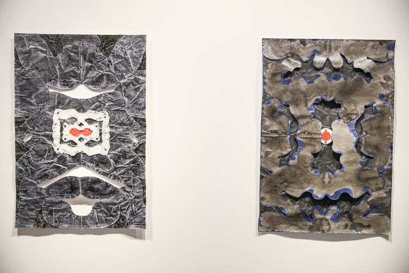 Constructed paper works Serpentine (left) and Blue Flame by artist Leslie Martinez 