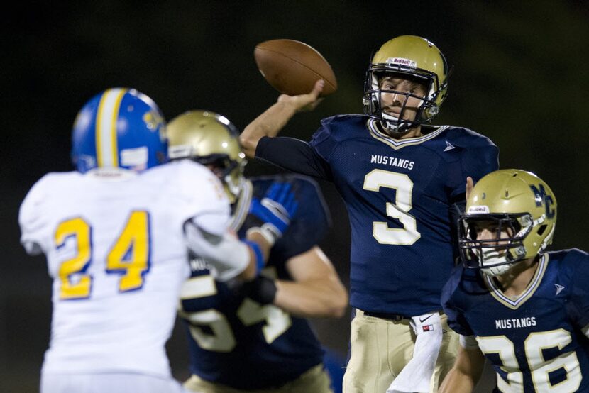 Reese Shaw (3) of the McKinney Christian Academy Mustangs throws a pass against the Dallas...