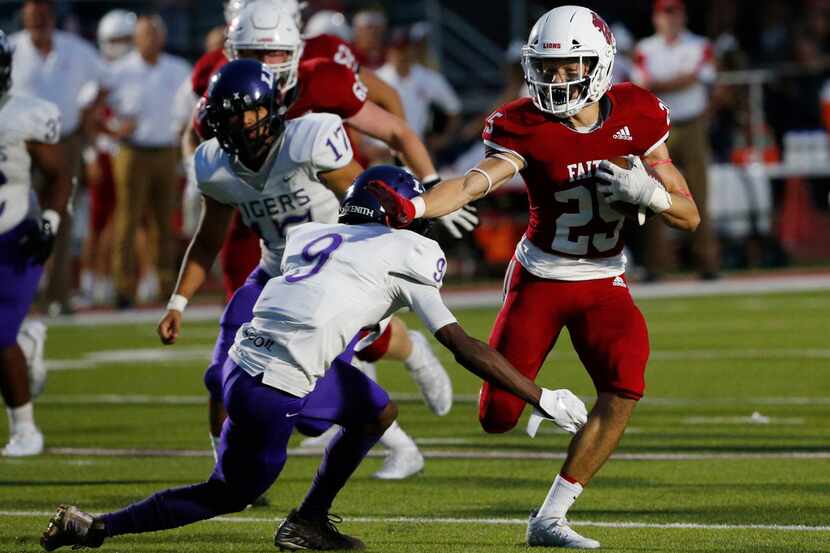Grapevine Faith Christian's Mark Saunders (25) is one half of the Lions' dynamic running...