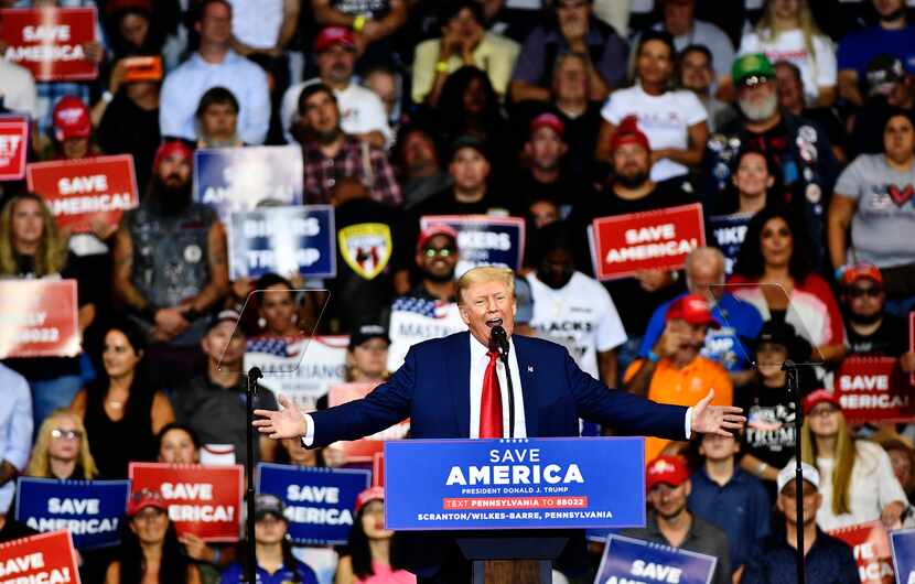 Former President Donald Trump speaks during a rally at the Mohegan Sun Arena in Wilkes-Barre...