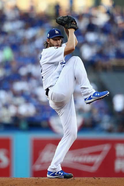 Clayton Kershaw, pitching in Game One of the 2017 World Series at Dodger Stadium on Oct. 24...