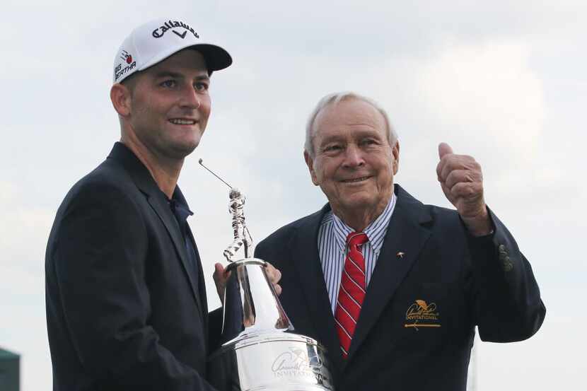 Tournament winner Matt Every, left, and Arnold Palmer show off the trophy following the...
