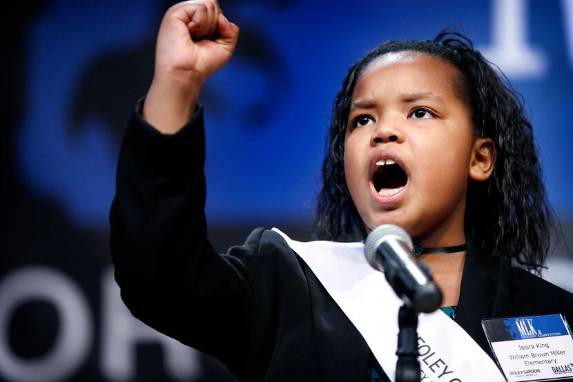 Jasira King, a fourth-grader at William Brown Miller Elementary School, delivers her winning...