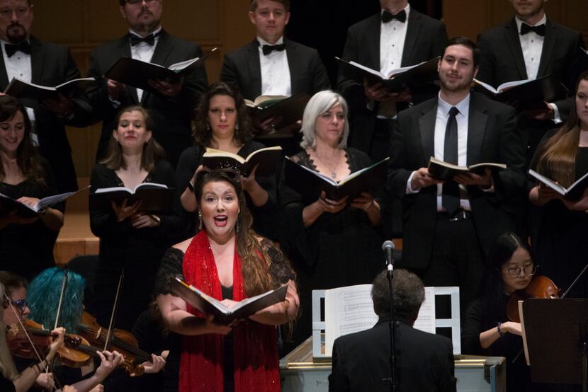 Soprano Anna Fredericka Popova sings a solo accompanied by the Dallas Bach Society during a...