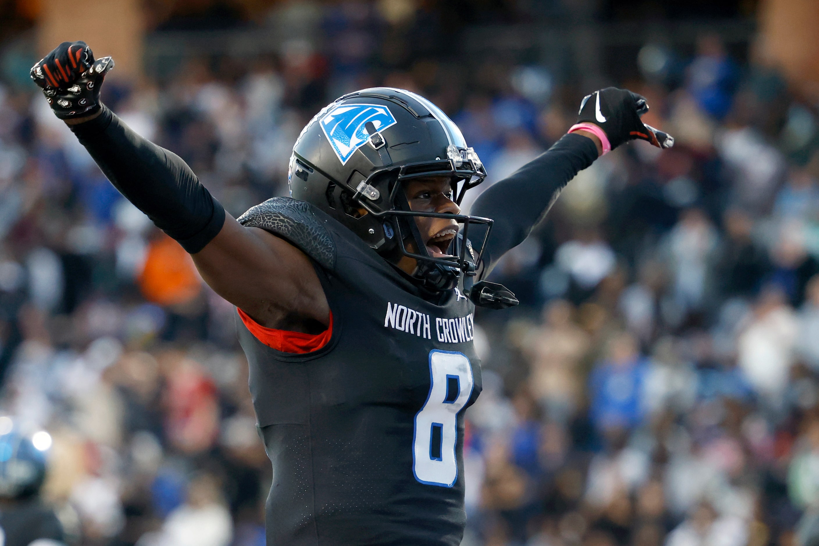 Duncanville defensive lineman Landon Barnes (8) celebrates after breaking up a pass during...