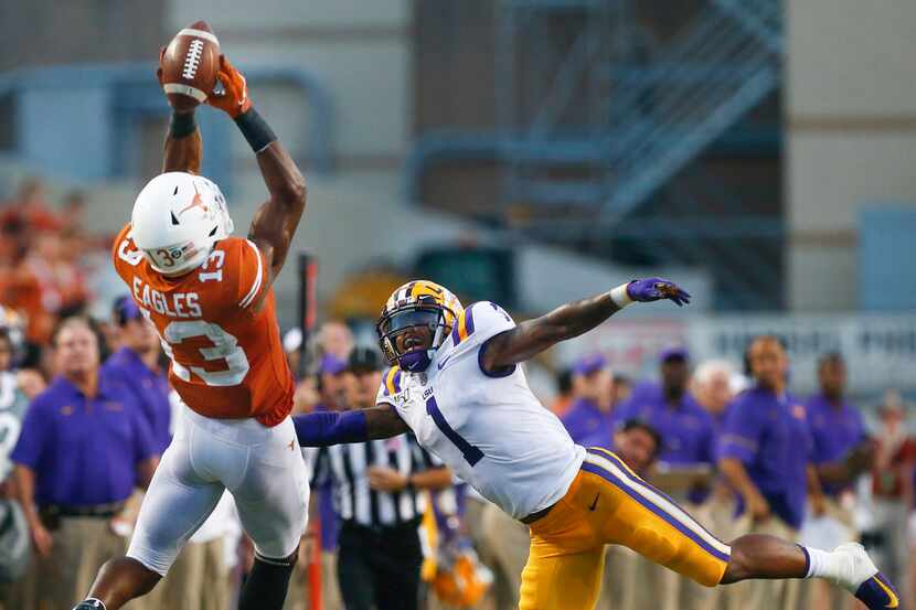 Texas Longhorns wide receiver Brennan Eagles (13) catches a pass over LSU Tigers cornerback...