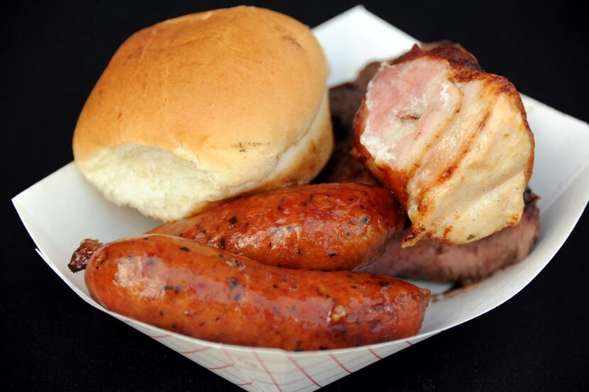 The meat combo from Texas de Brazil included sausage, garlic beef, and bacon-wrapped chicken