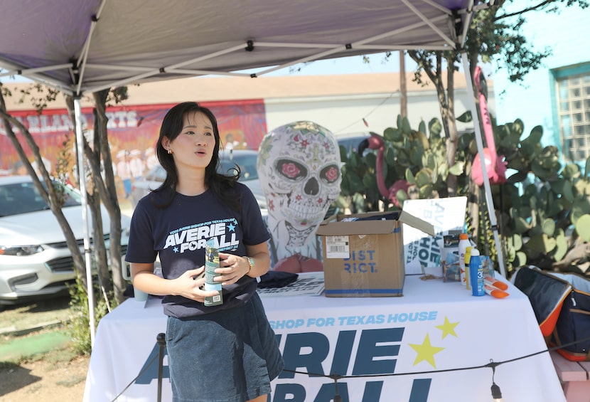 Candidate for Texas House Averie Bishop speaks to supporters during a campaign event in...