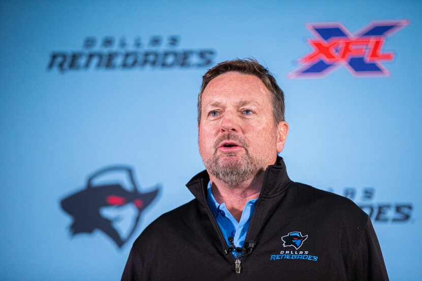 Dallas Renegades XFL team head coach Bob Stoops speaks during a press conference at the...