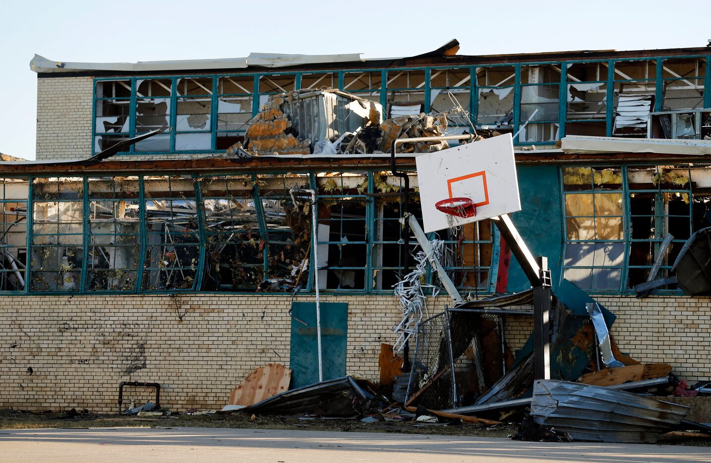 The backside of Cary Jr. High School took a direct hit with flying debris from the tornado...