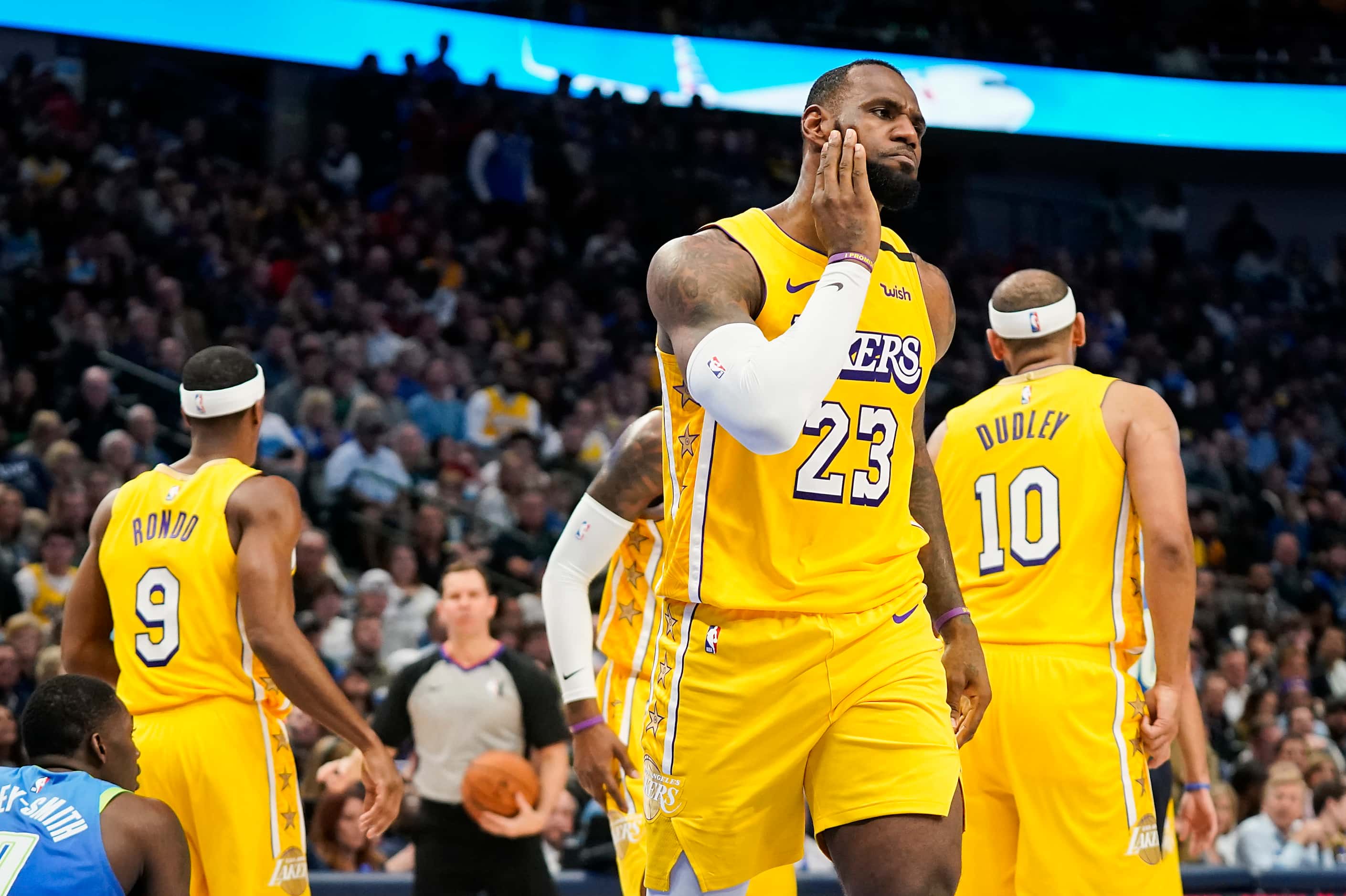 Los Angeles Lakers forward LeBron James reacts after being fouled during the second half of...