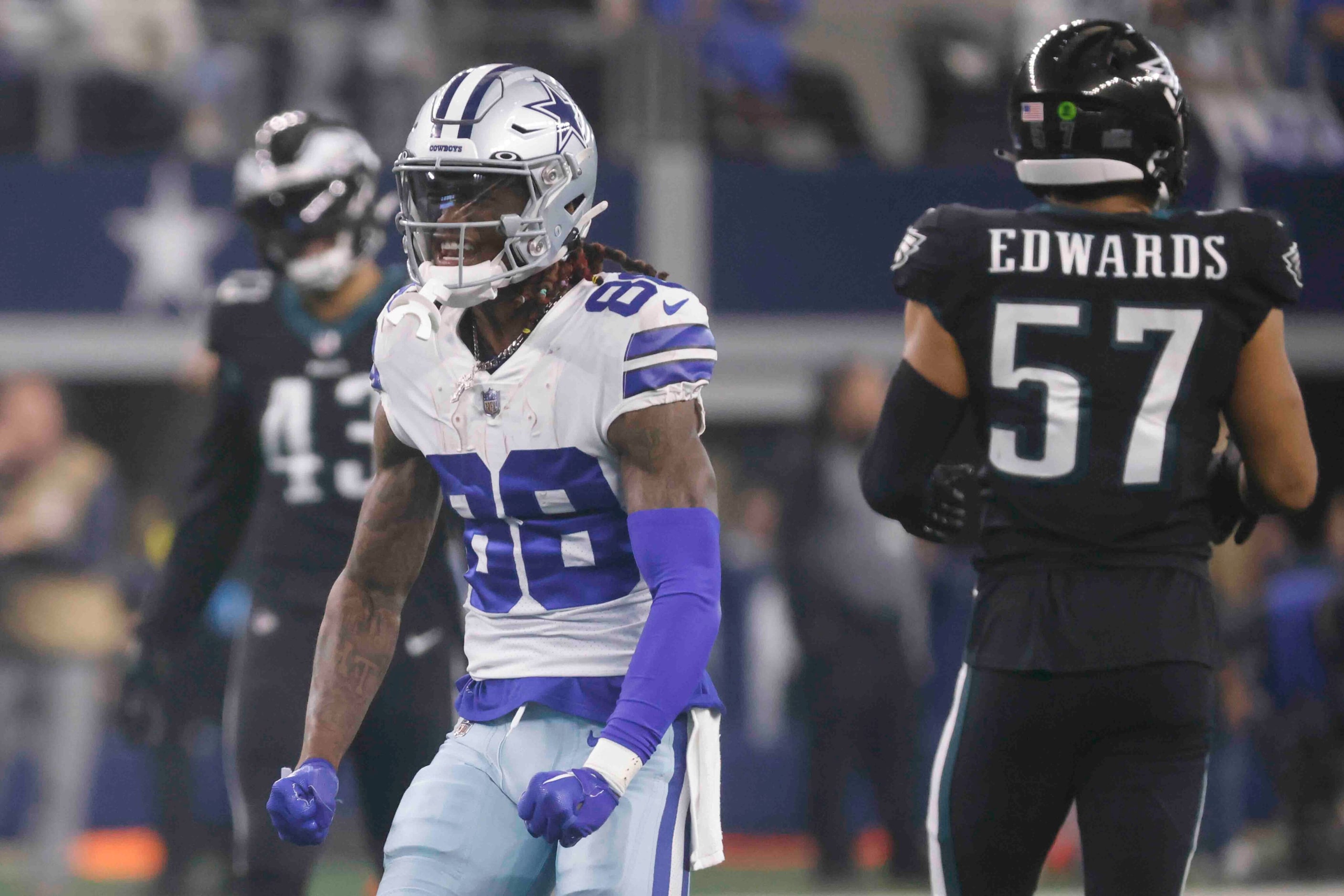 Dallas Cowboys wide receiver CeeDee Lamb (88) after receiving a pass during the first half...