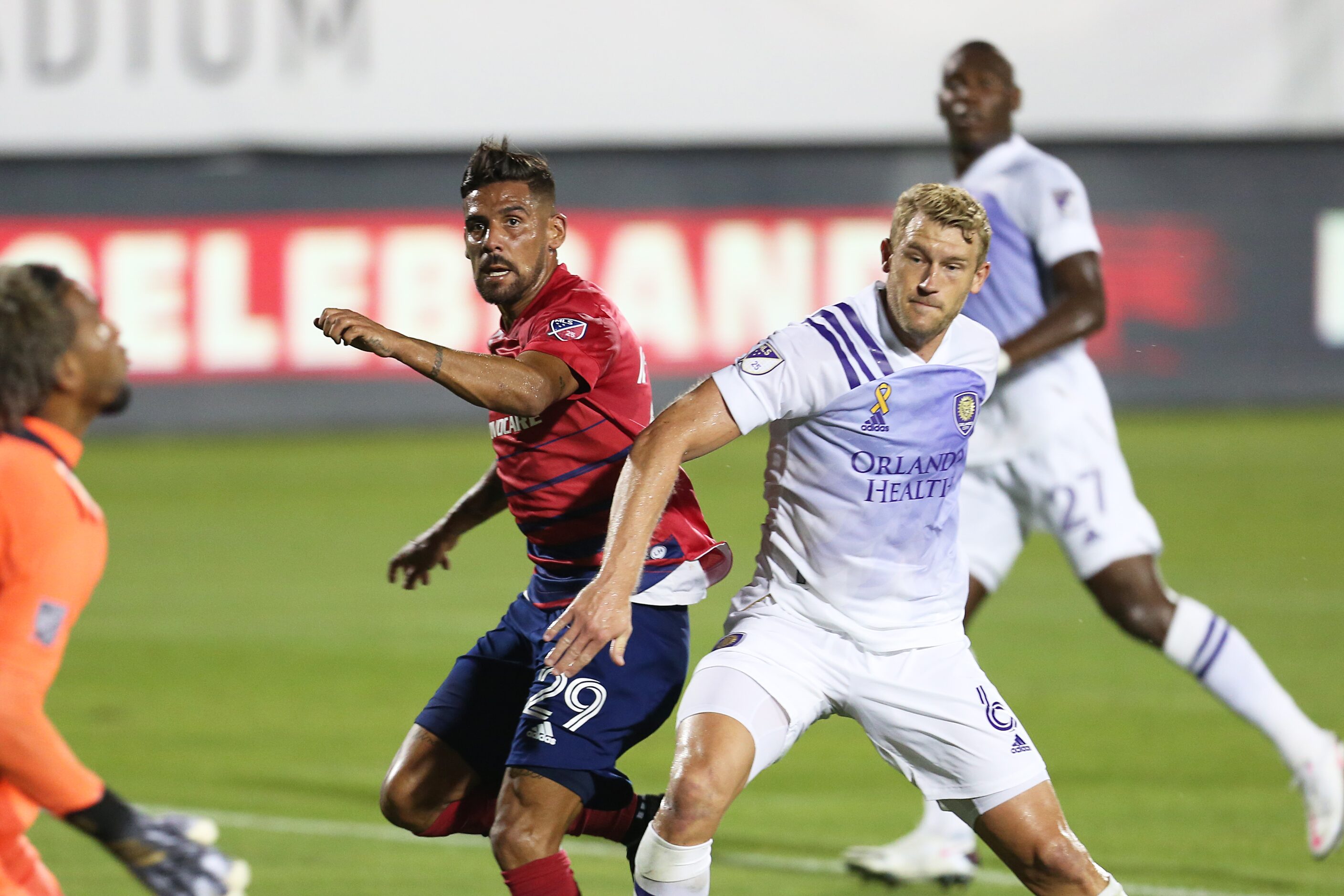 FRISCO, TX - SEPTEMBER 27: Franco Jara #29 of FC Dallas and Robin Jansson #6 of Orlando City...