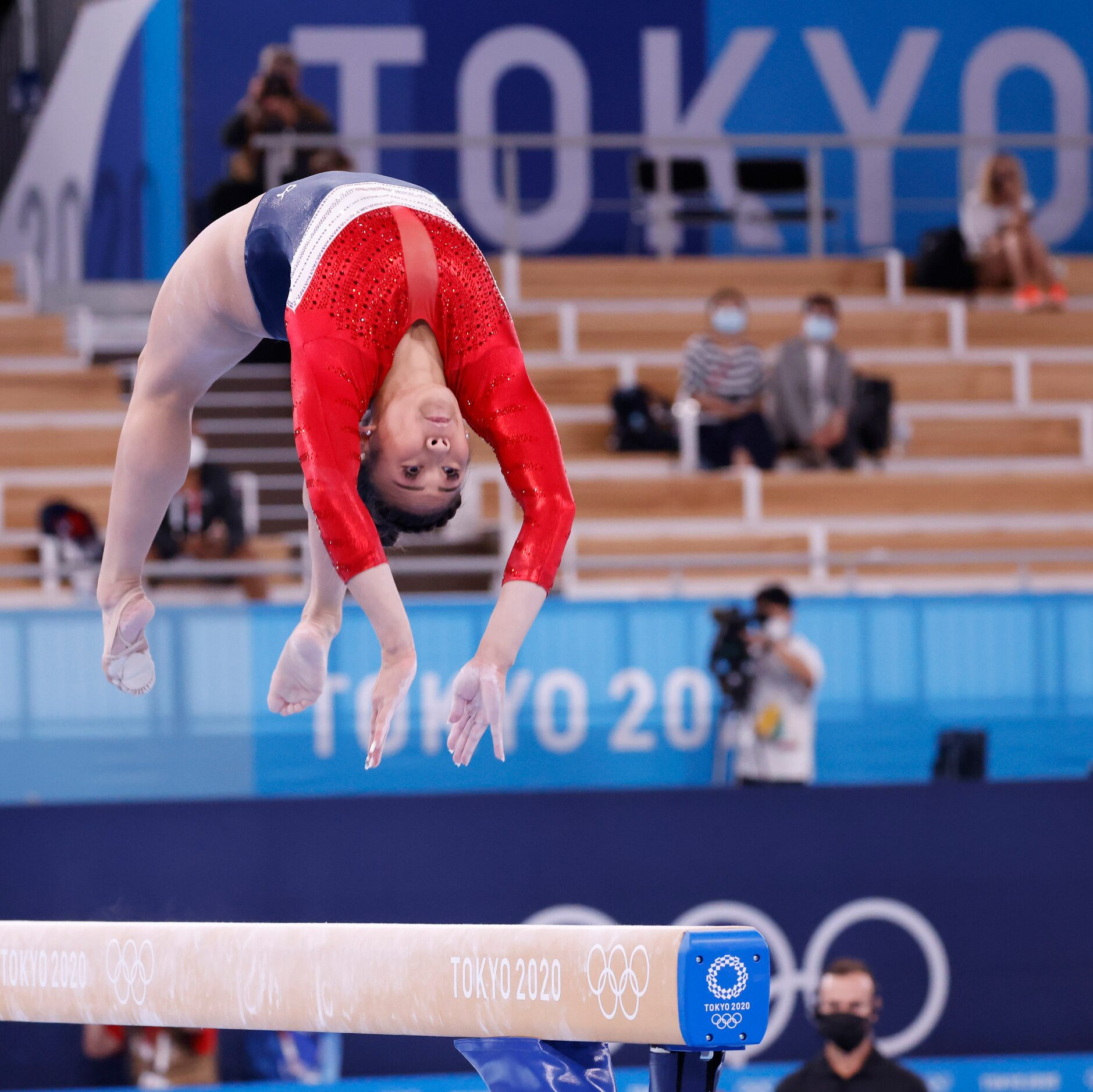 USA’s  Sunisa Lee competes on the balance beam during the artistic gymnastics women’s team...