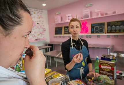 Christina Tosi, right, and Anna McGorman prepare to taste ingredients for research and...