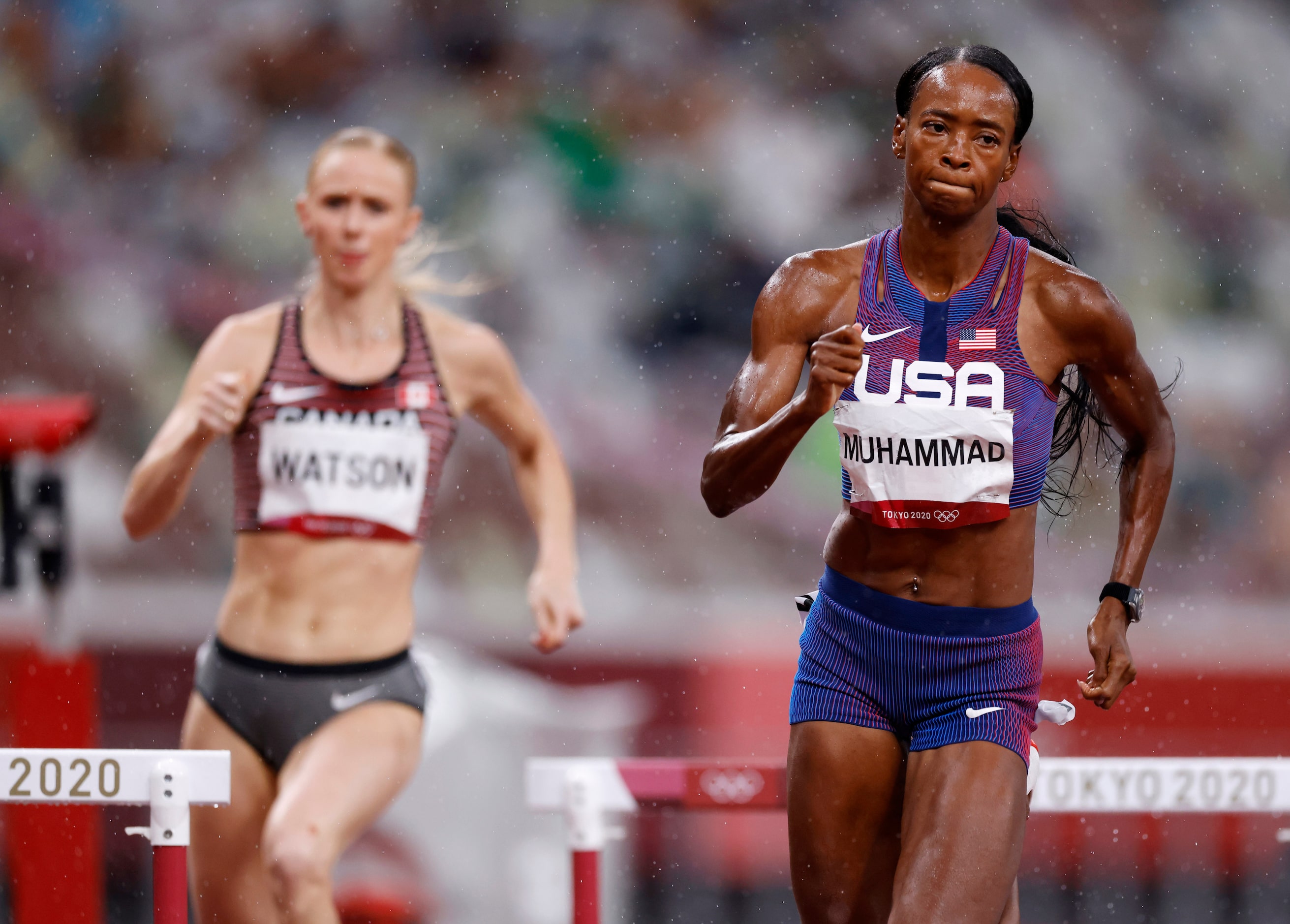 USA’s Dalilah Muhammad competes in the women’s 400 meter hurdles semifinal during the...