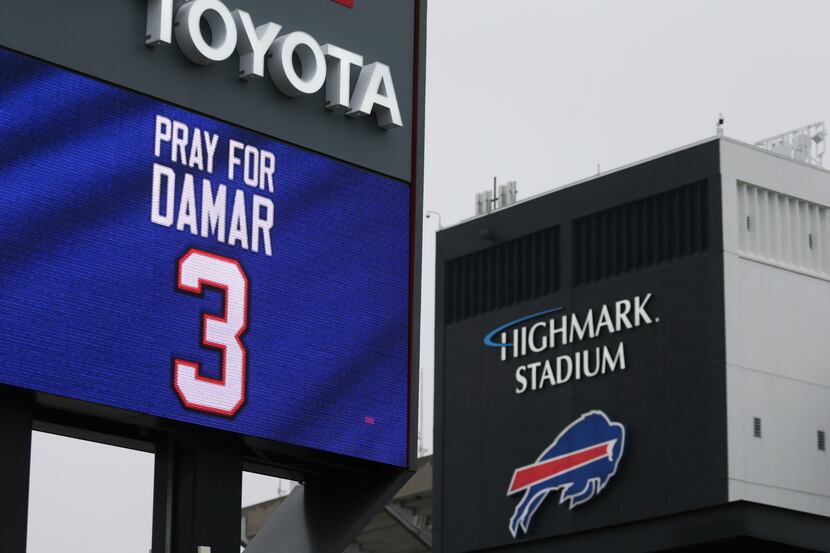 A sign shows support for Buffalo Bills safety Damar Hamlin outside Highmark Stadium on...
