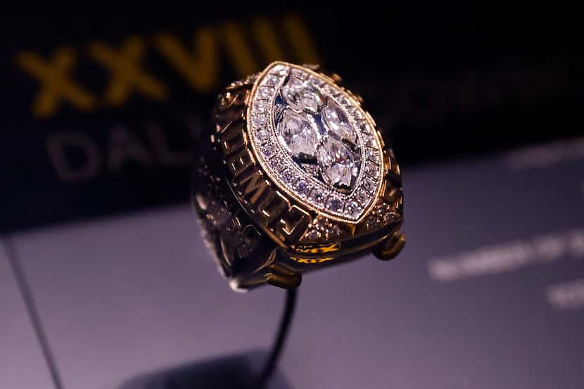 The Dallas Cowboys Super Bowl XXVIII ring is on display in the Pro Football Hall of Fame in...