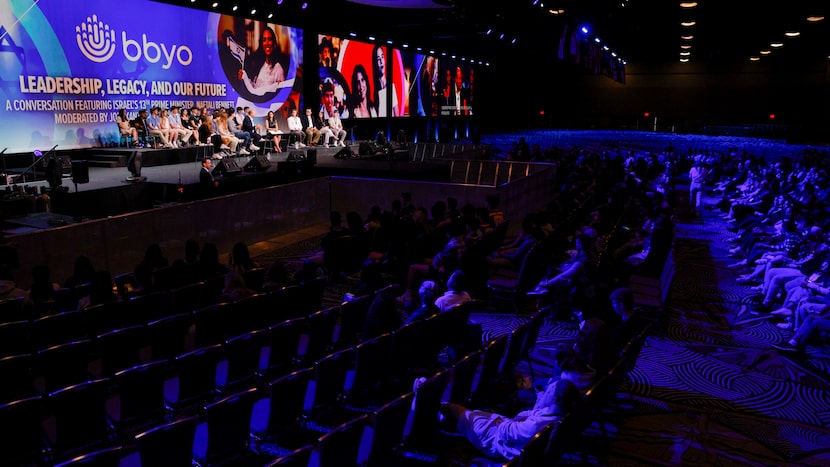 Former Israel Prime Minister Naftali Bennett participates in a town hall with teenage...