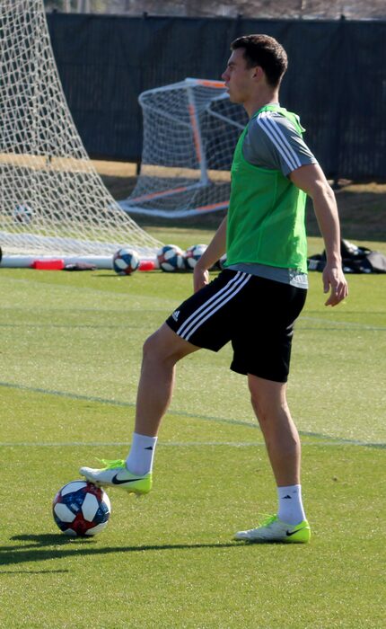 1/26/19 (Frisco, TX): Callum Montgomery on the ball in a scrimmage with FC Dallas