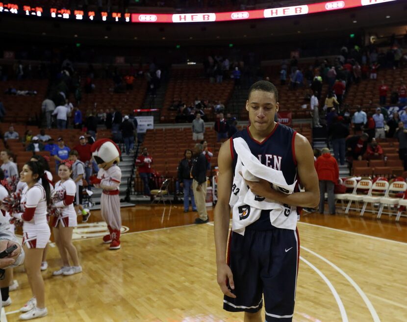 Allen forward Jamuni McNeace (4) reacts after they lost to Converse Judson during their boys...