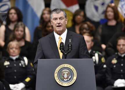 Dallas Mayor Mike Rawlings spoke earlier this month at an interfaith memorial service for...