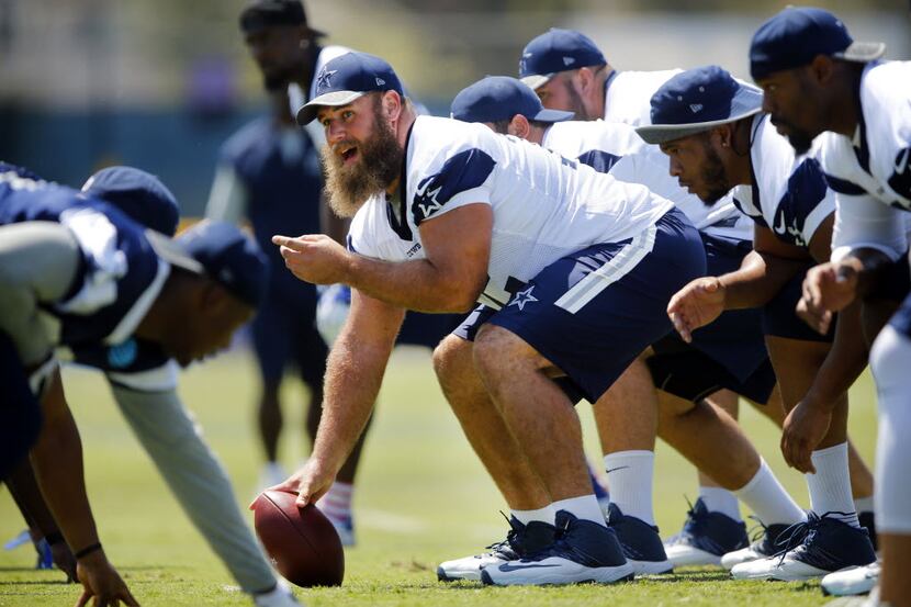 Dallas Cowboys center Travis Frederick (72) calls out the defense before snapping the ball...