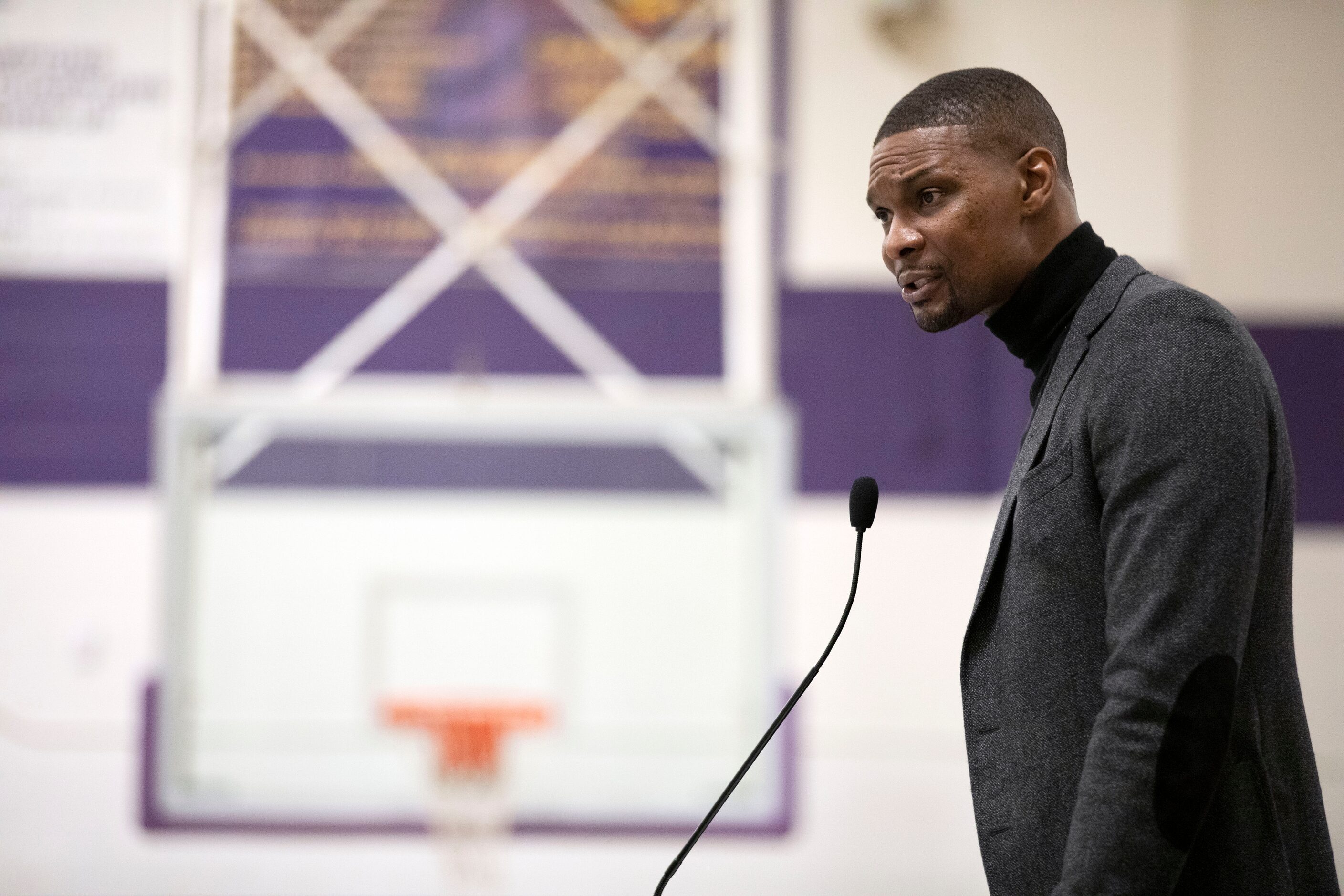 NBA Hall-of-Famer and Dallas native Chris Bosh speaks at his alma mater, Lincoln High School...