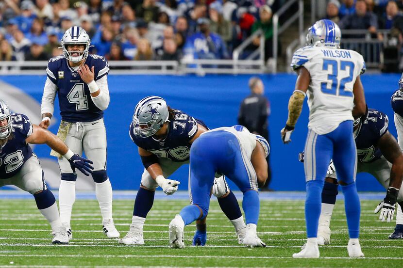Dallas Cowboys quarterback Dak Prescott (4) calls a play during the second half of a NFL...