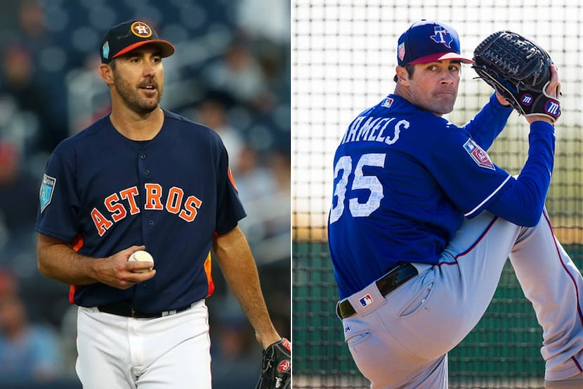 Pictured above: Houston Astros pitcher Justin Verlander (left) and Texas Rangers pitcher...