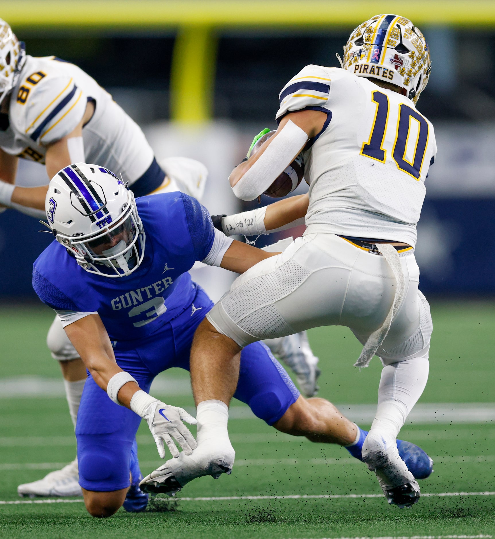 Gunter defensive back Colin Peacock (3) tackles Poth running back Matthew Bunn (10) during...