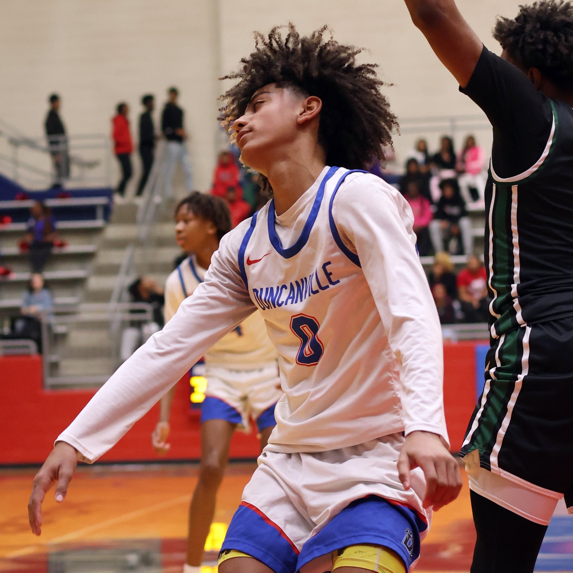 Duncanville guard Beckham Black (0) reacts after an errant pass during first half action...