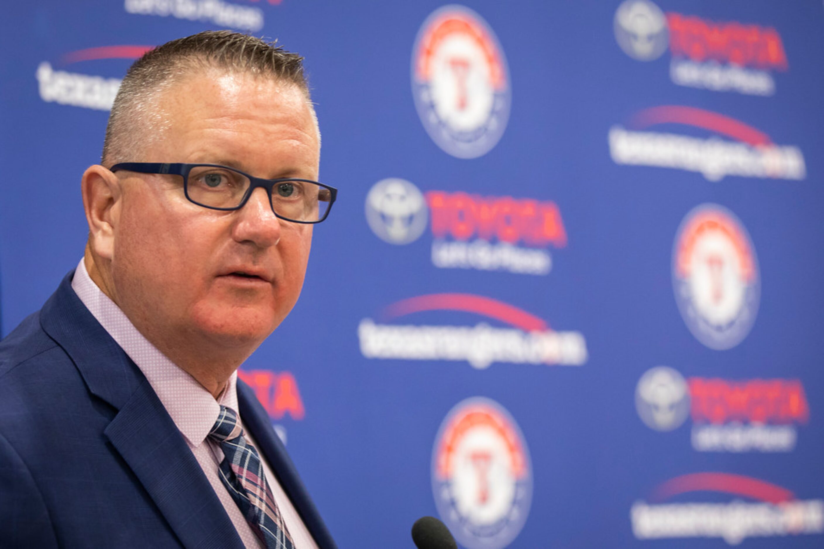 Texas Rangers Senior Director of Amateur Scouting Kip Fagg addresses the media as the team...