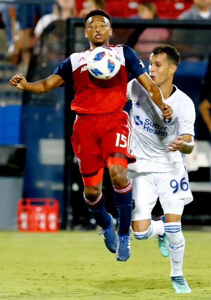 FC Dallas midfielder Jacori Hayes (15) receives a pass while San Jose Earthquakes midfielder...