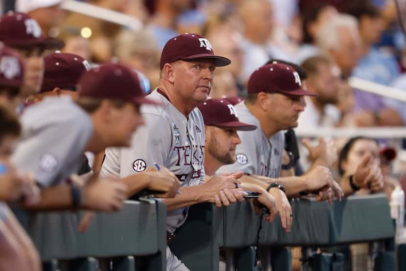 Texas A&M head coach Jim Schlossnagle pictured during an NCAA College World Series baseball...