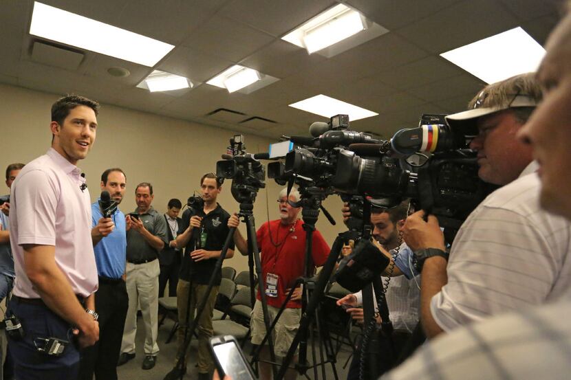 New Dallas Stars goalie Ben Bishop talks with the media at the American Airlines Center in...