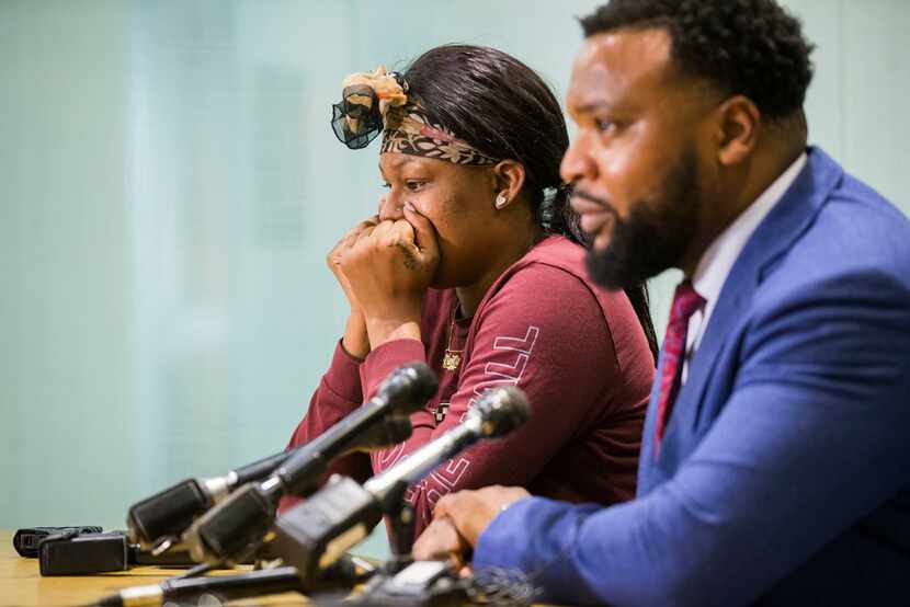 L'Daijohnique Lee (left), appeared with civil rights attorney Lee Merritt during a 2019 news...