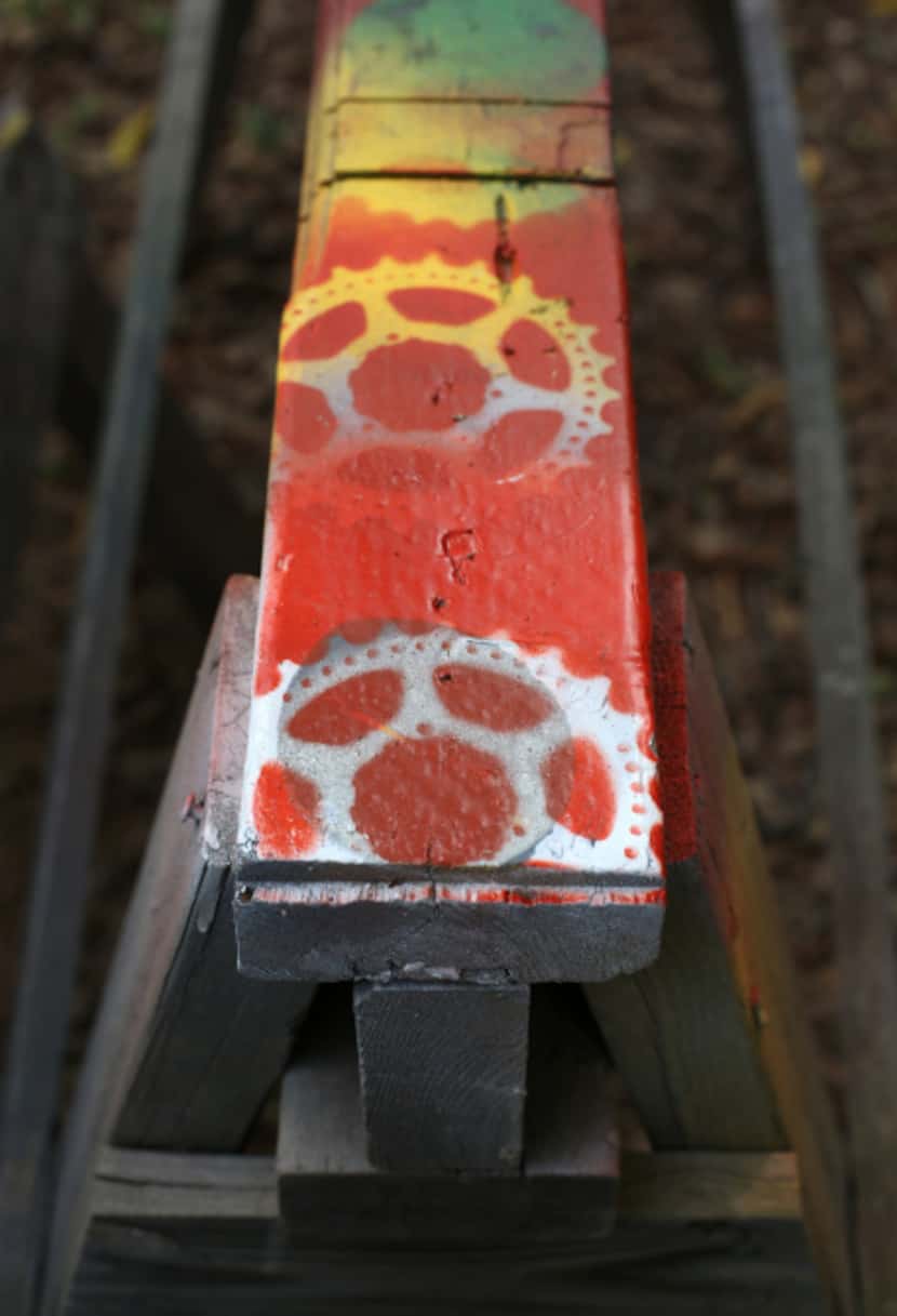 Rachel Spire's sawhorse with paint marks from bicycle parts at her house in Grapevine...