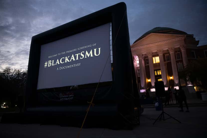 The screen before the premiere of #BlackAtSMU film, which documents five Black students'...