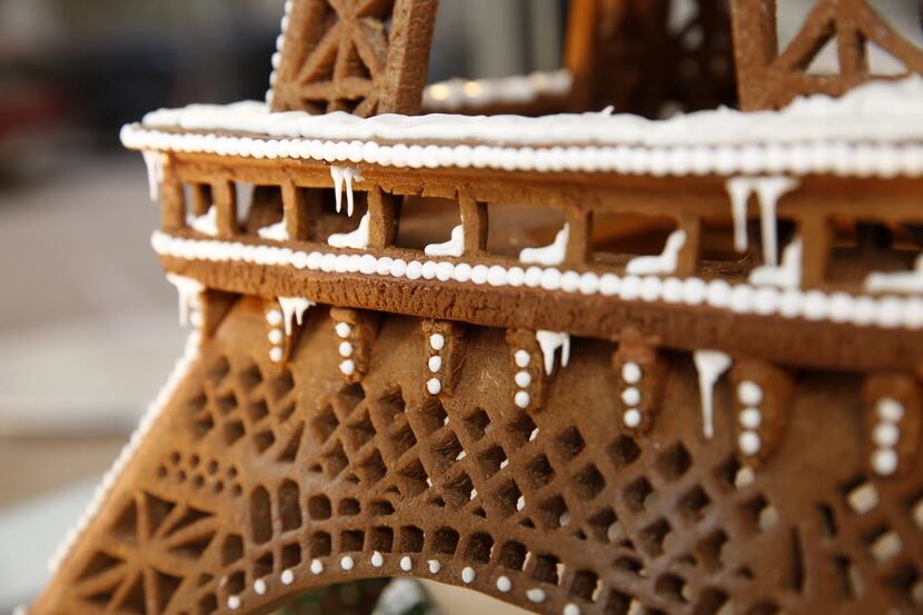 An Eiffel Tower made out of gingerbread sits on display at Bisous Bisous Patisserie in...